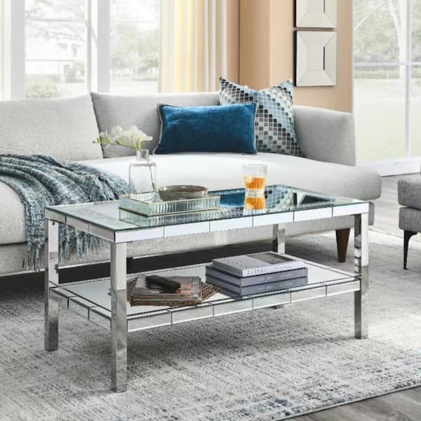 Zeus & Ruta 39.5 in. x 19.5 in. x 19.5 in. 2-Layer Crystal Mirror Steel Frame Coffee Table for Office, Shop, Living Room, Bedroom