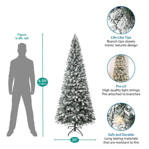 HOMESTOCK 6.5 ft Frosted Snow Flocked Prelit Slim Artificial Christmas Tree with 864 Branch Tips, 250 Warm Lights and Metal Stand