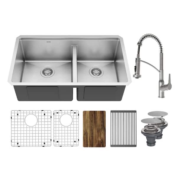 Elite 32 in. Undermount 60/40 Double Bowl 16 Gauge Stainless Steel Workstation Kitchen Sink with Faucet