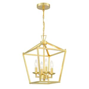12 in. 4-Light Soft Gold Chandeliers Geometric Cage Lantern Pendant Light