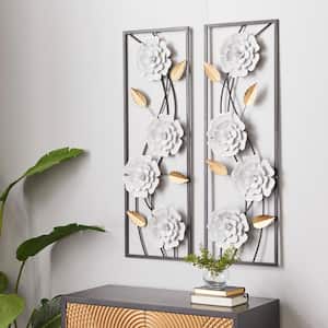 Metal White Floral Wall Decor with Black Frame (Set of 2)