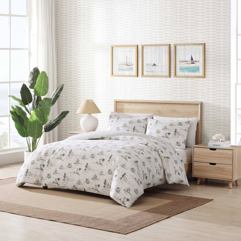 King Size Gray Cotton Coastal Duvet Cover Set