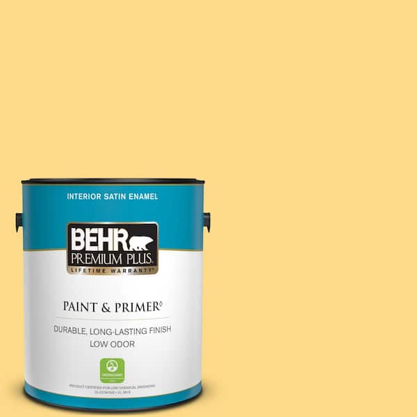 BEHR PREMIUM PLUS 1 gal. #P280-4 Surfboard Yellow Satin Enamel Low Odor Interior Paint & Primer