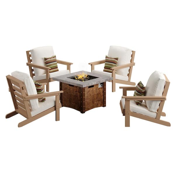 Clihome Outdoor Patio Lounge Chair set of 5 in. White with 34.5 in. Propane Fire Pit Table