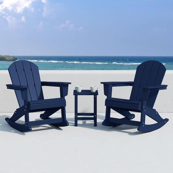 Laguna 3-Piece Fade Resistant Outdoor Patio HDPE Poly Plastic Adirondack Rocking Chairs and Side Table Set, Navy Blue