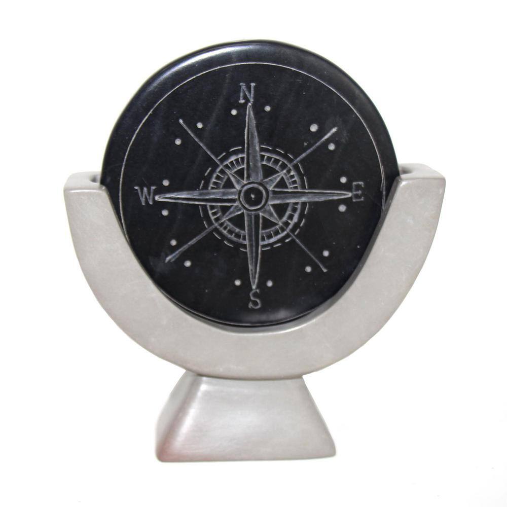 Hand-Carved Dark Gray Soapstone Compass Sculpture