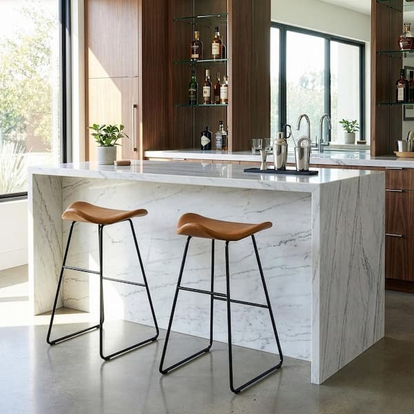 Aoi Brown Faux Leather Backless Bar Stool with Black Metal Legs (Set of 2)