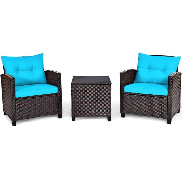 Costway Mix Brown 3-Piece Wicker Steel Patio Conversation Set Sofa Coffee Table with Turquoise Cushions