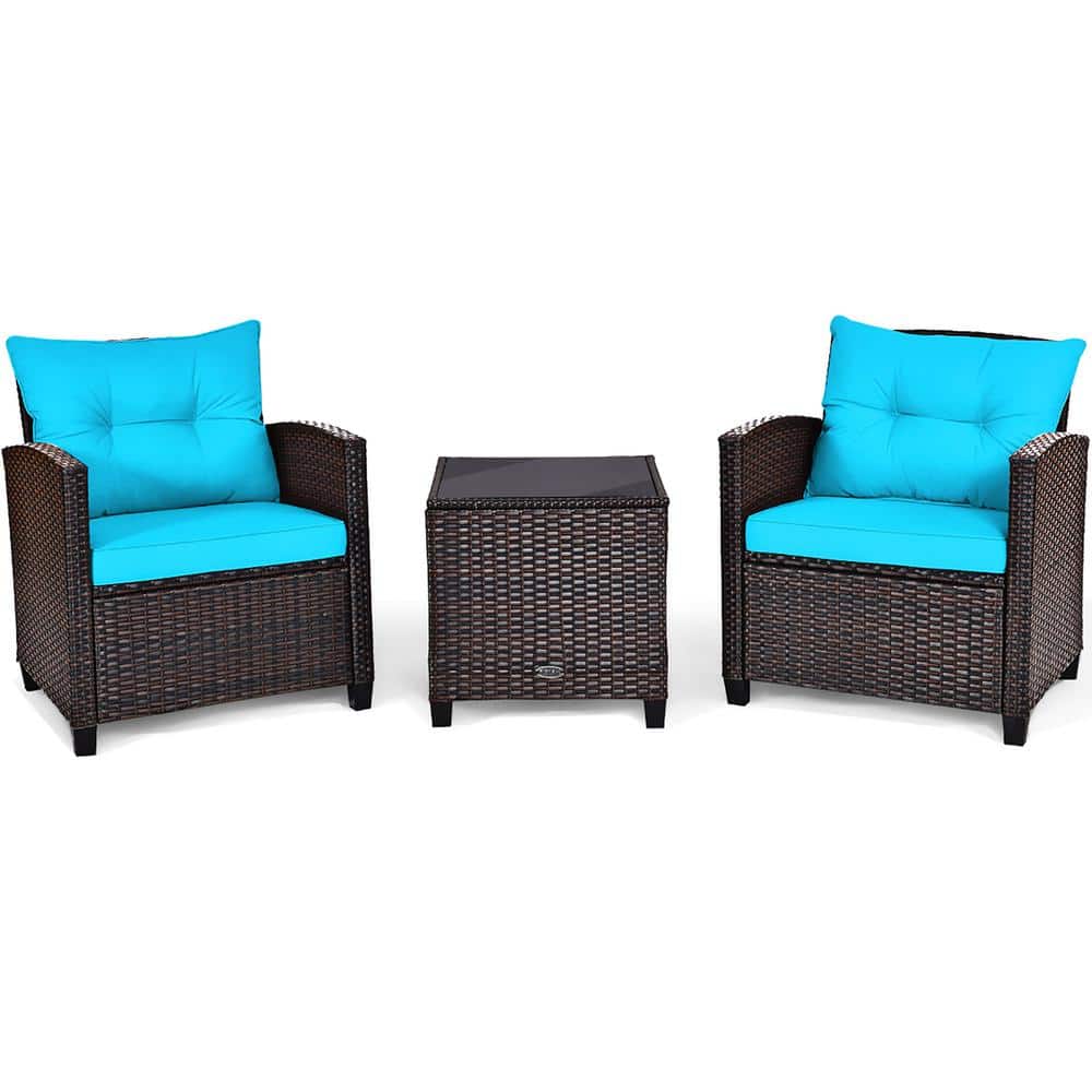 Costway Mix Brown 3-Piece Wicker Steel Patio Conversation Set Sofa Coffee Table with Turquoise Cushions GHM0227TU Sansujyuku sansujyuku.com