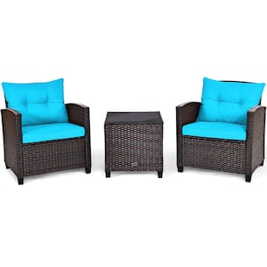 Mix Brown 3-Piece Wicker Steel Patio Conversation Set Sofa Coffee Table with Turquoise Cushions