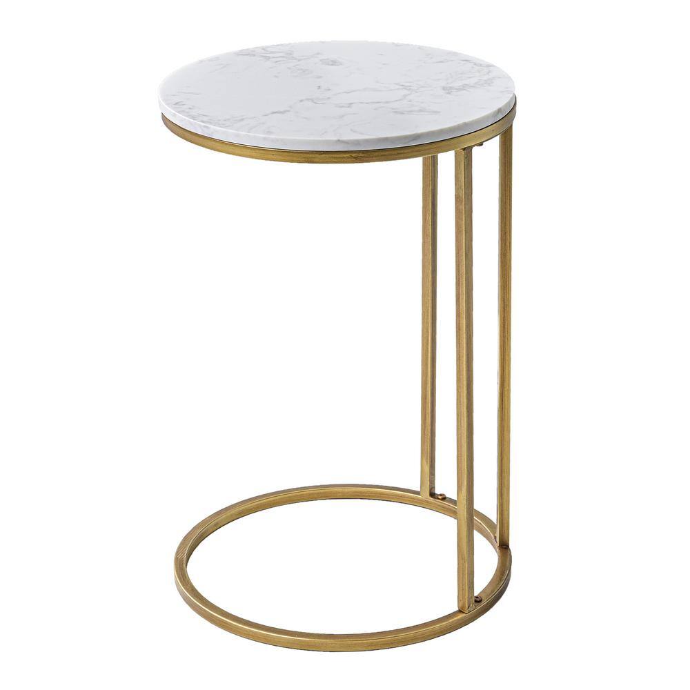 Round White Faux Marble and Gold Metal Side Table