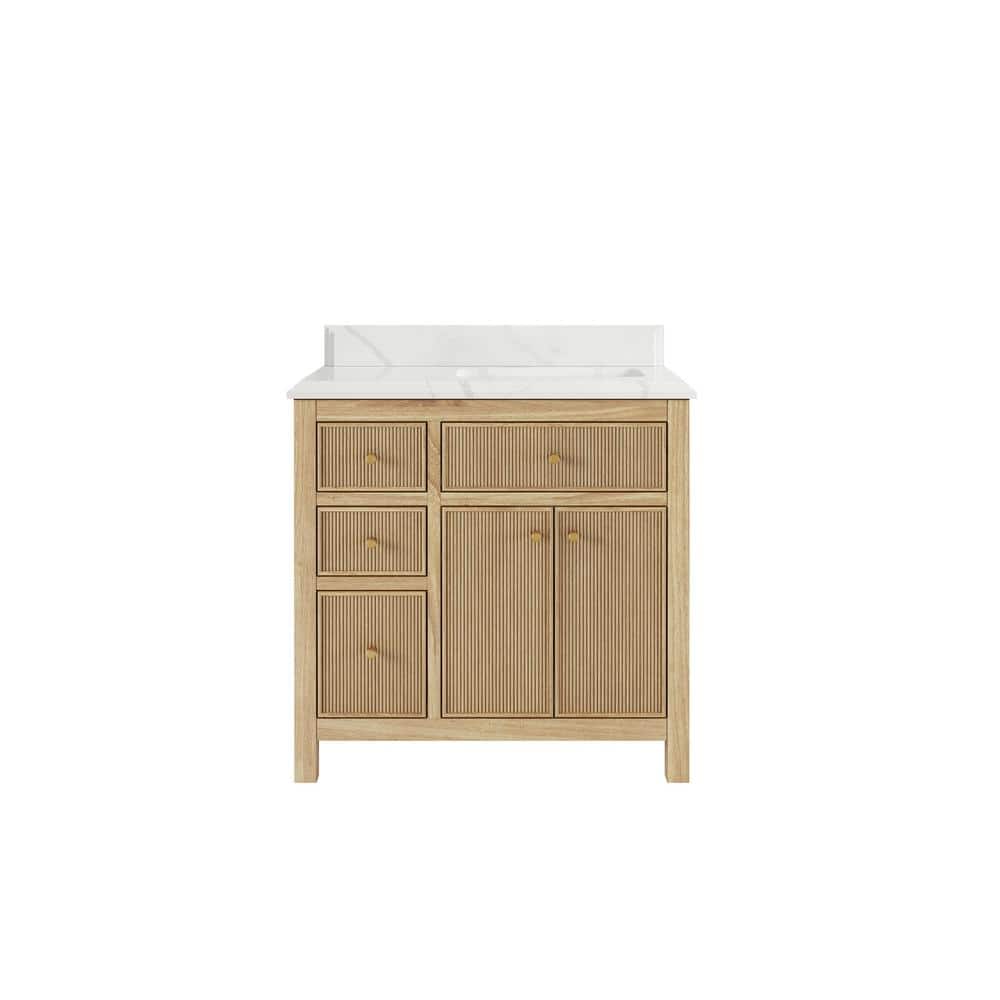 "Sonoma Teak 36 in. W x 22 in. D x 36 in. H Right Offset Sink Bath Vanity in Light Teak with 1.5"" Calacatta Laza Quartz" price history on PriceWatchPro