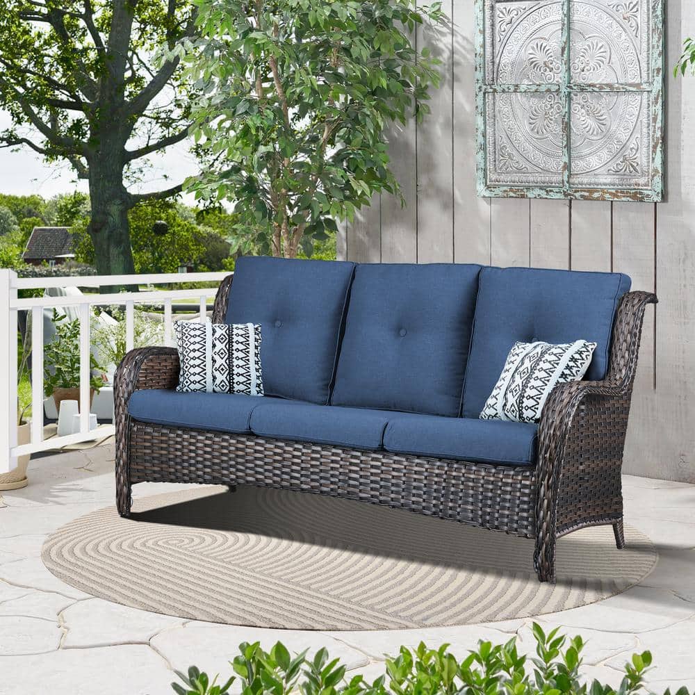 Brown Wicker Outdoor Couch, 3-Seat Patio Sofa with Deep Seating and Navy Blue Cushions for Porch Deck Balcony price history on PriceWatchPro