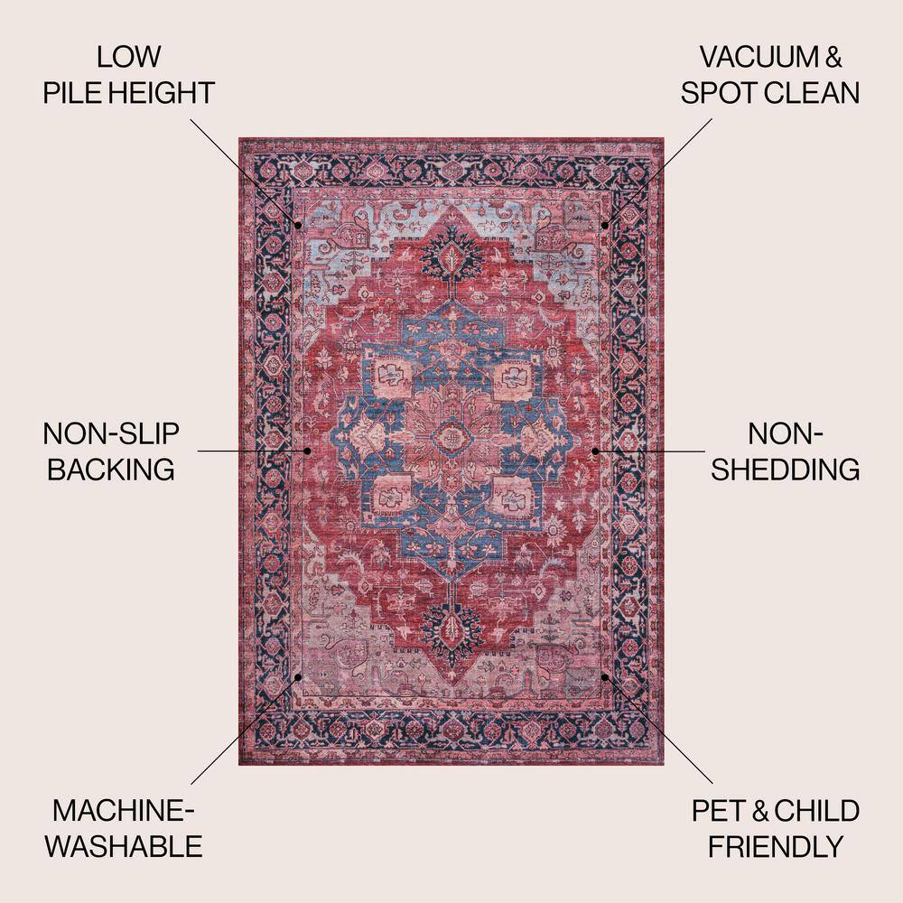 Maris Ornate Medallion Machine-Washable Red/Black/Blue Chenille 4' x 6' Area Rug