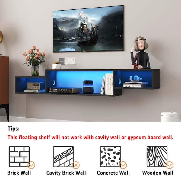 65.35 in. W x 9.06 in. D Black Wood Decorative Wall Shelf with LED