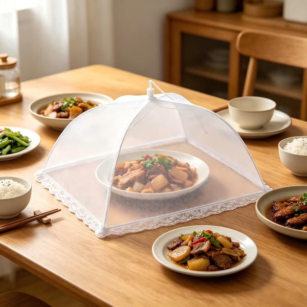 6 Piece Mesh Food Lids and Covers Reusable Collapsible Fly Mosquito Proof, Indoor Outdoor Food Protection Tent Set White