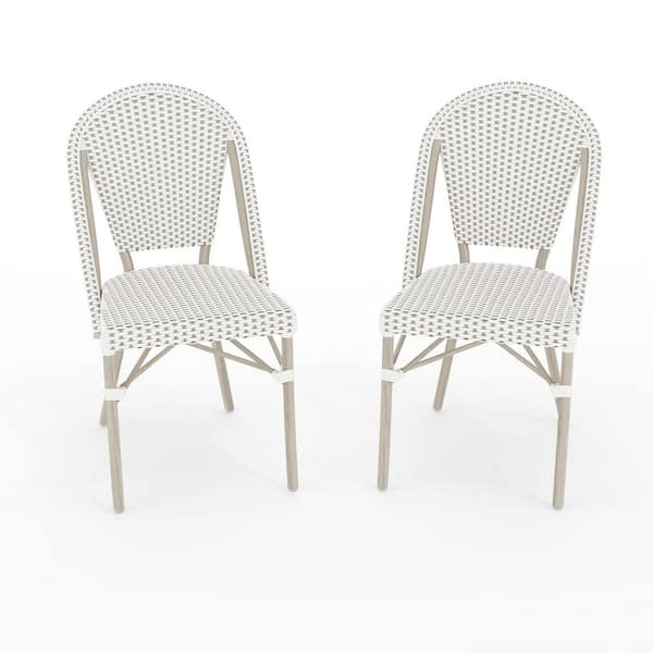 Lily Pond Gray Woodgrain Stackable Aluminum Outdoor Dining Chair in White/Gray, Set of 2
