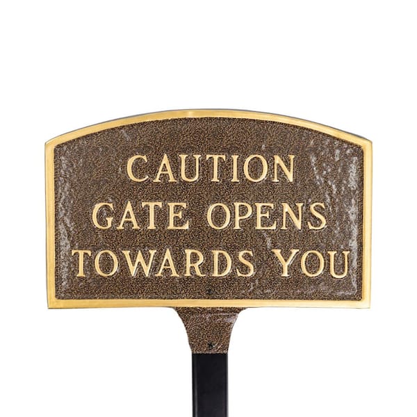 Montague Metal Products 5.5 in. x 9 in. Small Arch Caution Gate Opens Towards You Statement Plaque Sign with Lawn Stake - Hammered Bronze