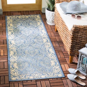 Courtyard Blue/Natural 2 ft. x 14 ft. Floral Indoor/Outdoor Patio  Runner Rug