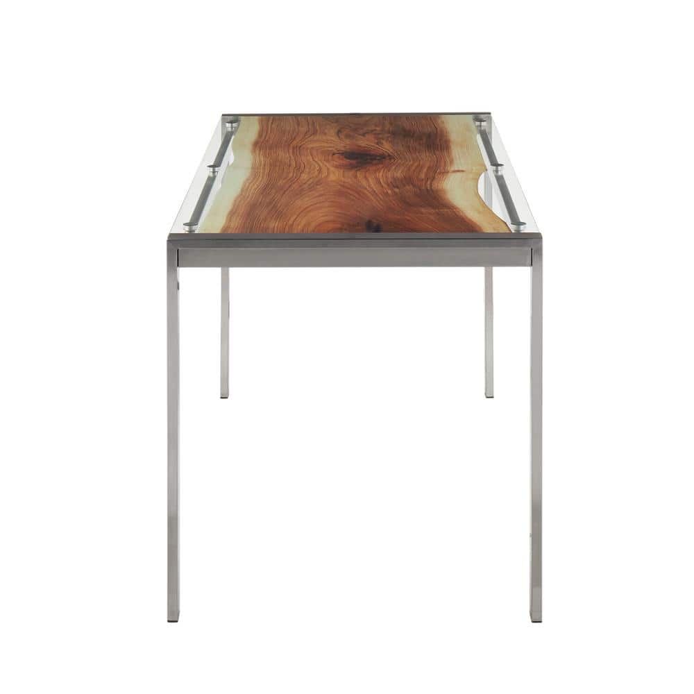 Rectangular Brown Glass Dining Table with Stainless Steel Frame