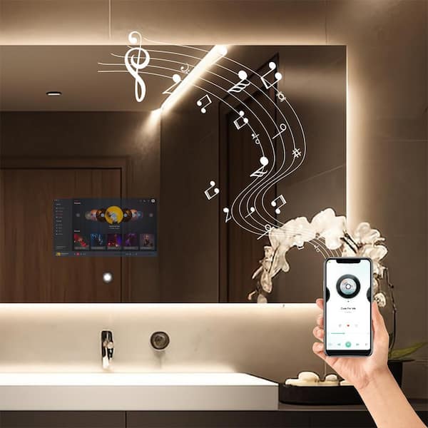 BWE 47 in. W x 31.5 in. H Rectangular Frameless LED Smart Wall Mount Bathroom Vanity Mirror Bluetooth Wi-Fi Weather Display