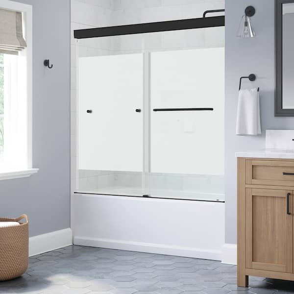 Delta Portwood 60 in. W x 58 in. H Semi-Frameless Sliding Tub Door in Matte Black with 6mm Frosted Privacy Glass