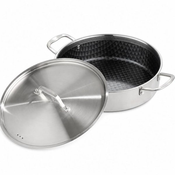 8 qt. Tri-Ply Stainless Steel Non-Stick Braiser Pan with Lid, 13.18 in. Deep Frying Pan, Large Saute Pan, Jumbo Cooker