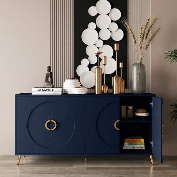 COWLOWN Navy Blue Wood Pantry Organizer, Sideboard Buffet Server Cabinet with 4 Doors