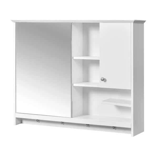36 in. W x 28 in. H Rectangular MDF Medicine Cabinet with Mirror, Adjustable Shelf and 4-Hooks, White