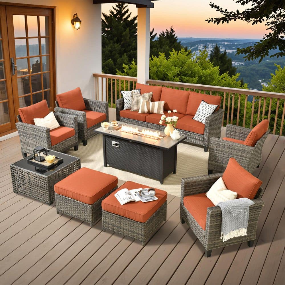 Scarlet 9-Piece Wicker Outdoor Fire Pit Patio Conversation Sofa Set with a Solar Lighted Table and Orange Red Cushions price history on PriceWatchPro