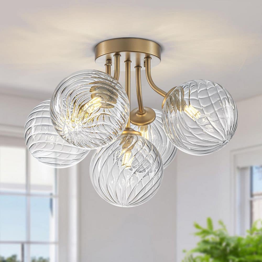 16 in. Modern 5-Light Gold Flush Mount Ceiling Light w/ Rippled Clear Glass Globes, E26 Fixture for Bedroom, Living Room price history on PriceWatchPro