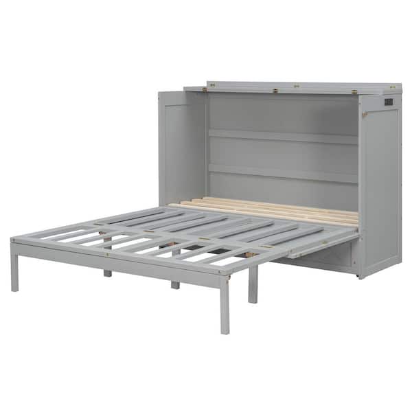 Rowan Gray Wood Frame Queen Size Murphy Bed with Drawer and A Set of Sockets and USB Ports