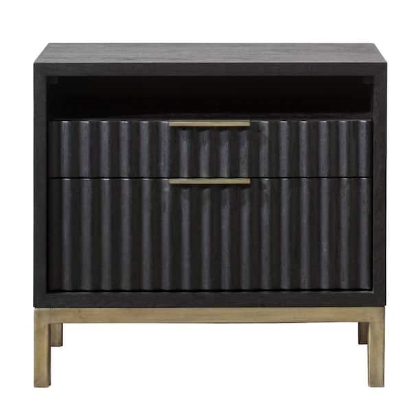 Benjara Wood and Metal 2-Drawer Black and Brass Nightstand with Scalloped Drawer Fronts 16 in. L x 26 in. W x 24 in. H