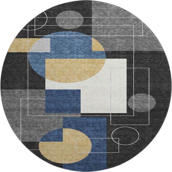 Mayfield Premium Machine Washable Abstract AMF2500 Black 8 ft. x 8 ft. Round Rug