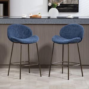 Benedetta Blue Linen Upholstered Fabric Counter Height Bar Stool with Black Iron Legs, (Set of 2)