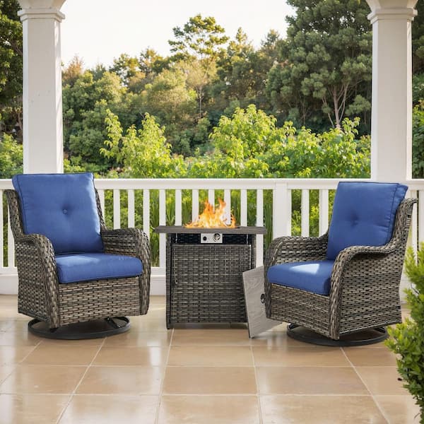 moosprr 3-Piece Gray Wicker Outdoor Dining Set with Olefin Blue Cushions Fire Pit Sets with Swivel Gliders for Patio