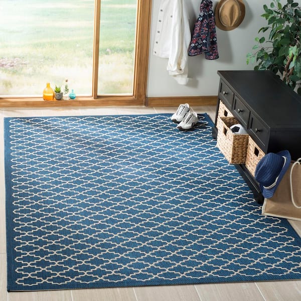 Courtyard Navy/Beige 7 ft. x 7 ft. Square Geometric Indoor/Outdoor Patio  Area Rug