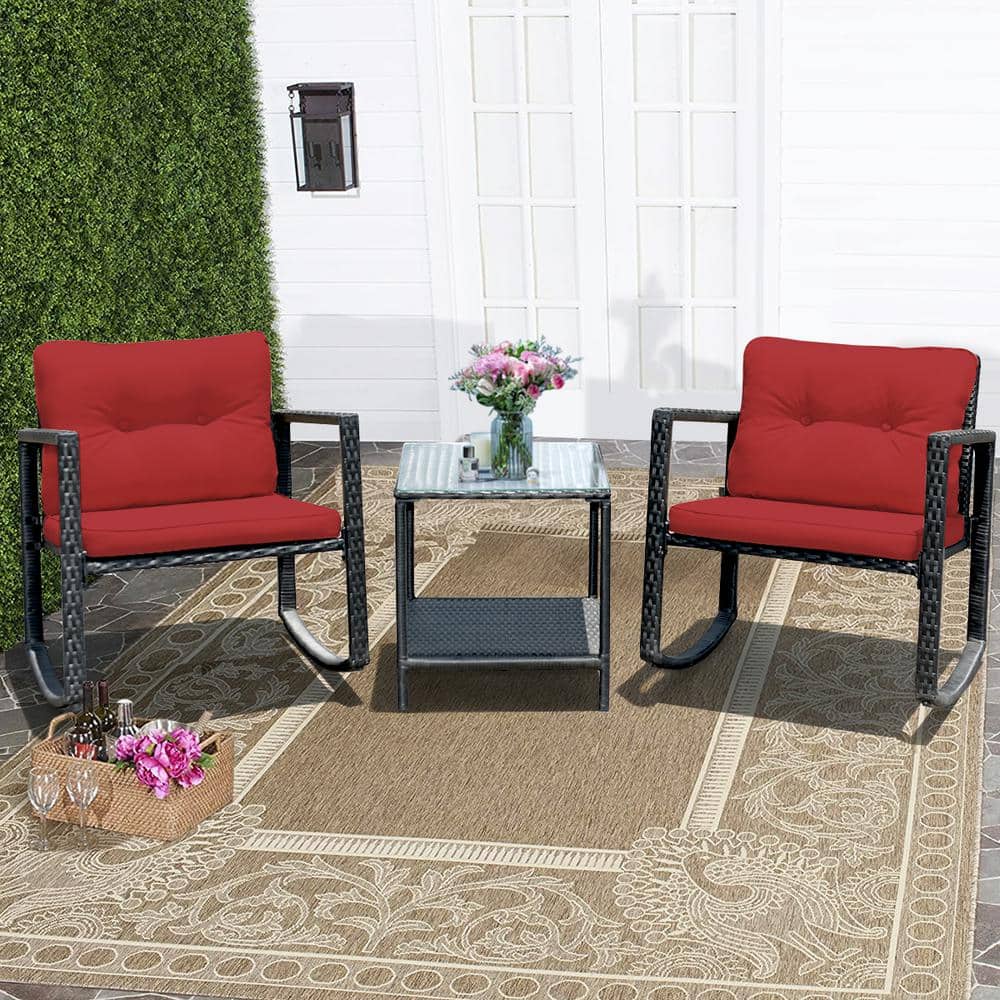 Red Cushioned Black Steel Rocking Armchairs with Glass Table Set