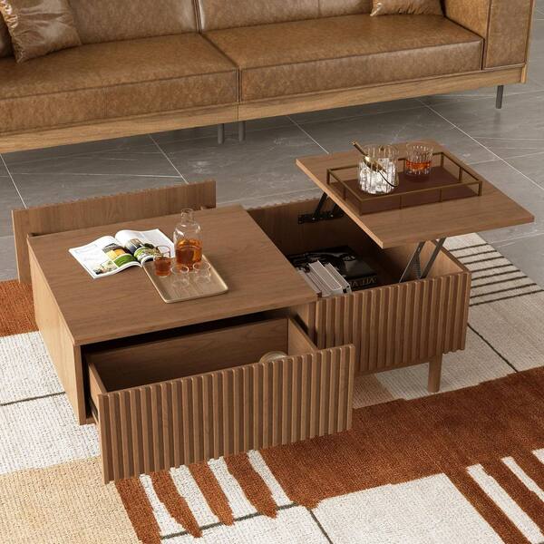 THE RIGHT PATH 51.1 in. Walnut Rectangle Wood Coffee Table Lift