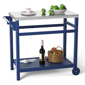 Outdoor Prep Cart Dining Table for Pizza Oven, Patio Grilling Backyard BBQ Grill Cart, Navy Blue