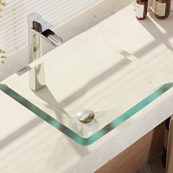 Rene Glass Vessel Sink in Crystal with R9-7007 Faucet and Pop-Up Drain in Chrome