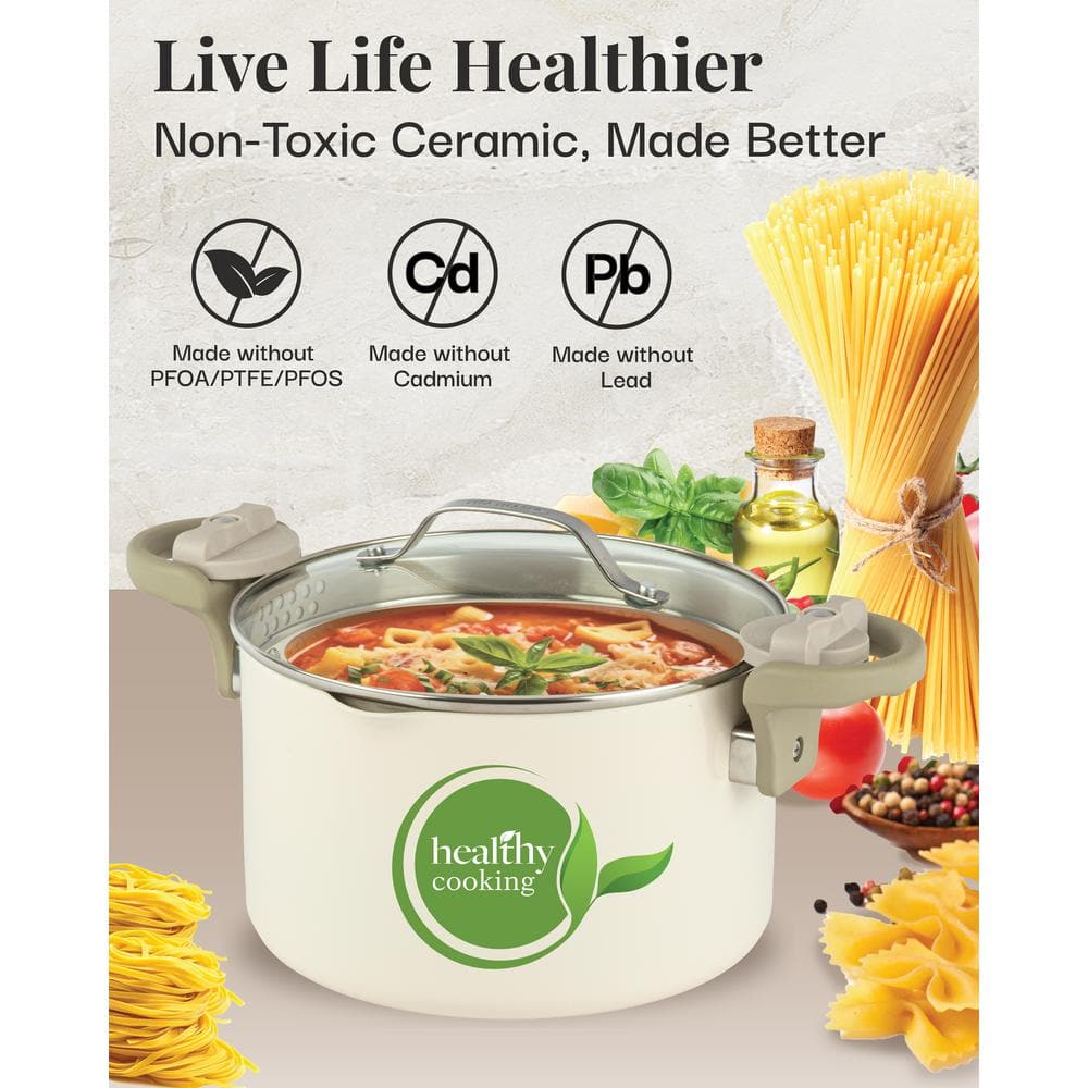Cream Aluminum 5 Qt Nonstick Pasta Pot with Strainer Lid