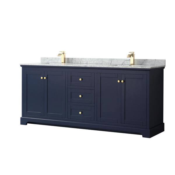 Wyndham Collection Avery 80 in. W x 22 in. D Bathroom Vanity in Dark Blue with Marble Vanity Top in White Carrara with White Basins