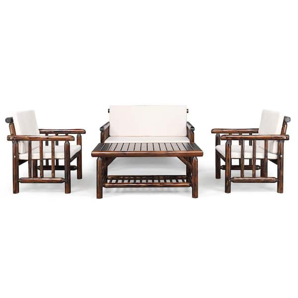Carbonized 4-Piece Wood Patio Conversation Set with Beige Cushions