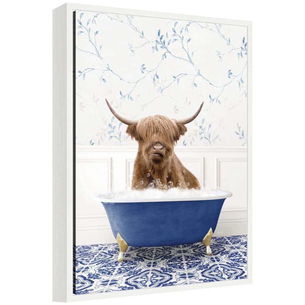 "Sylvie ""Highland Cow in Eclectic Blue Bathtub"" by Amy Peterson Animals Framed Art Print 24 in. x 18 in." price history on PriceWatchPro