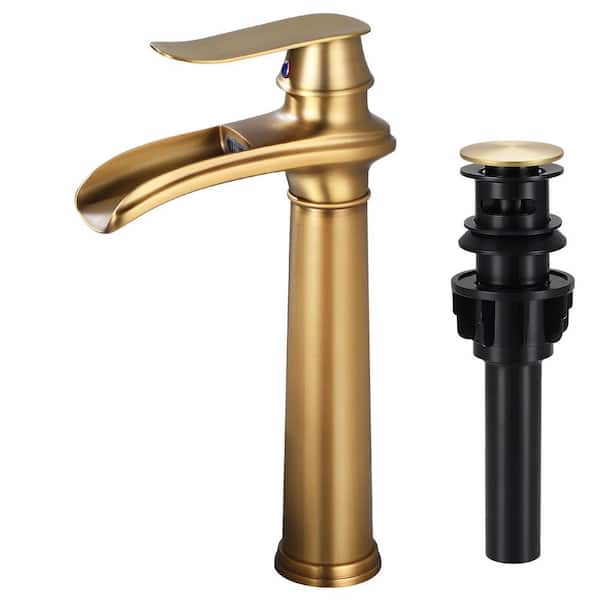 Single Handle Single Hole Bathroom Vessel Sink Faucet, Waterfall Bathroom Sink Faucet with Pop-Up Drain in Antique Brass