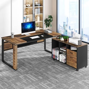 59 in. L-Shaped Brown Engineered Wood 2-Drawer Executive Office Desk with Lateral File Cabinet