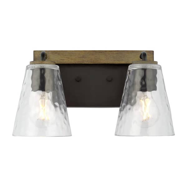 Home Decorators Collection Westbrook 2-Light Weathered Oak Rustic Farmhouse Bathroom Vanity Light with Matte Black Accents