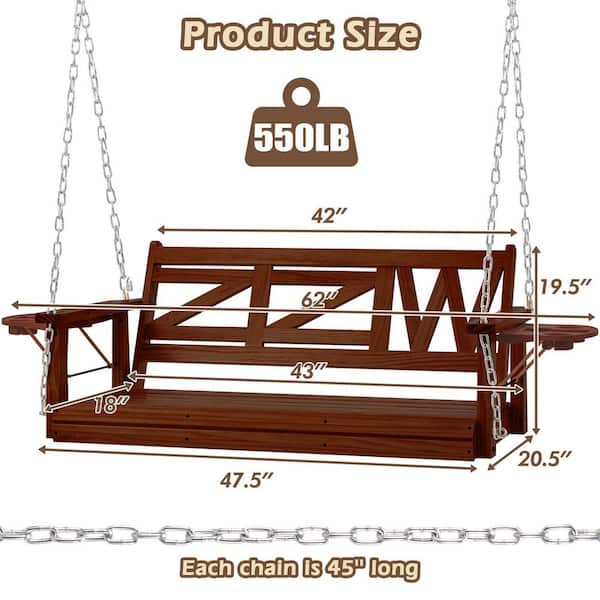 43 in. 2-Person Brown Wood Porch Swing, Outdoor Patio Swing Chair