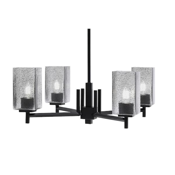 Unbranded Bridgewater 19 in. 4-Light Matte Black Chandelier with 3.5 in. Square Smoke Bubble Glass Shades, No Bulbs Included
